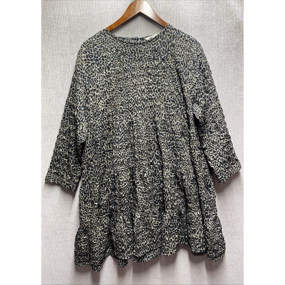 Zara Shirt Dress Womens XL Leopard Tiered Lagenlook Boho Cottagecore Grunge